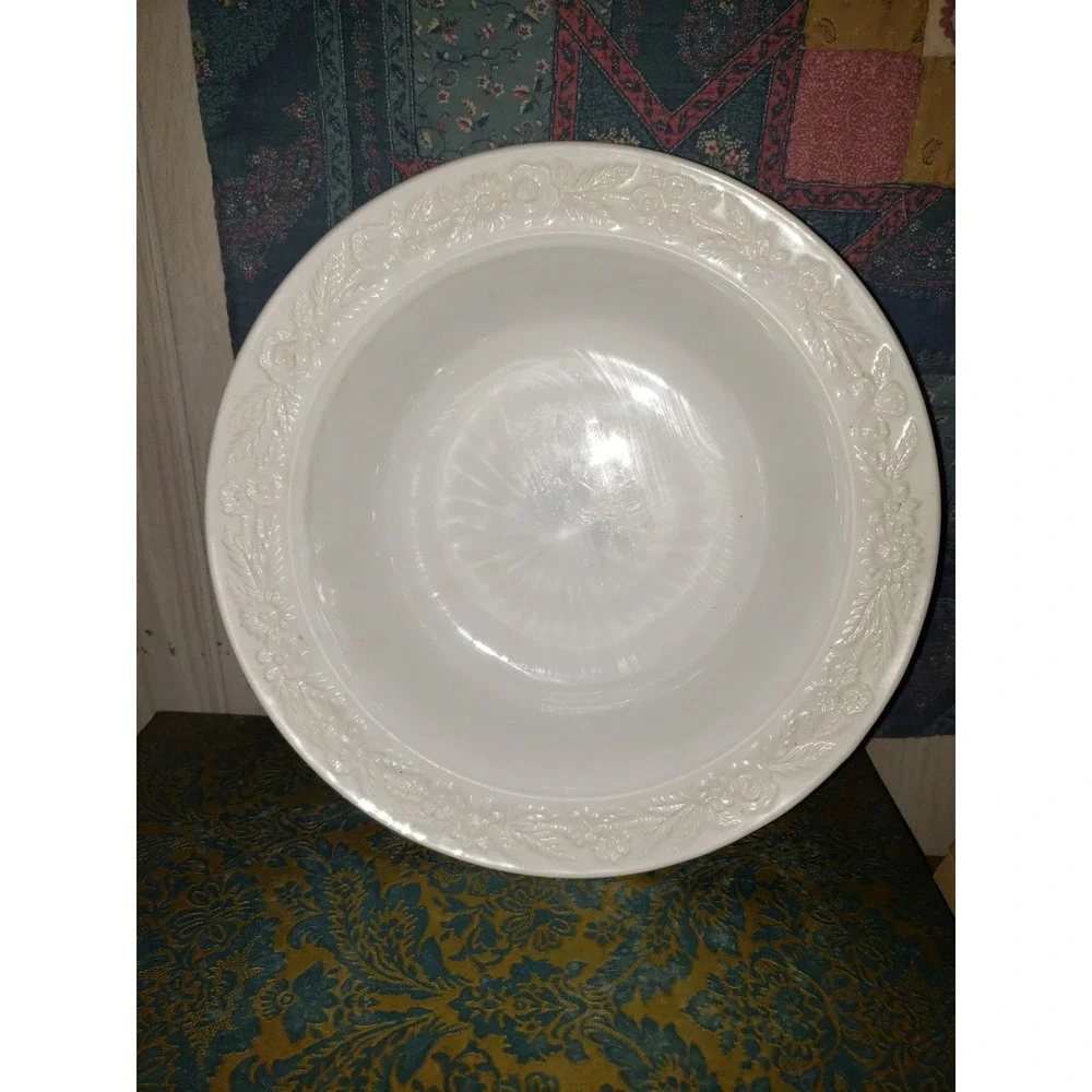 Vintage 1930's Anchor Hocking Milk Glass Derving Bowl With Embossed Floral Rim